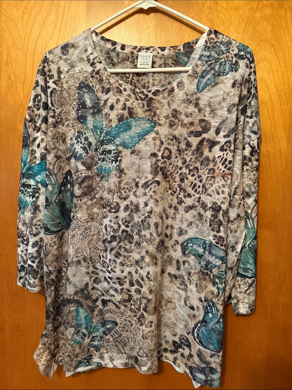 Time and Tru Teal Butterfly & Leopard Print Tunic